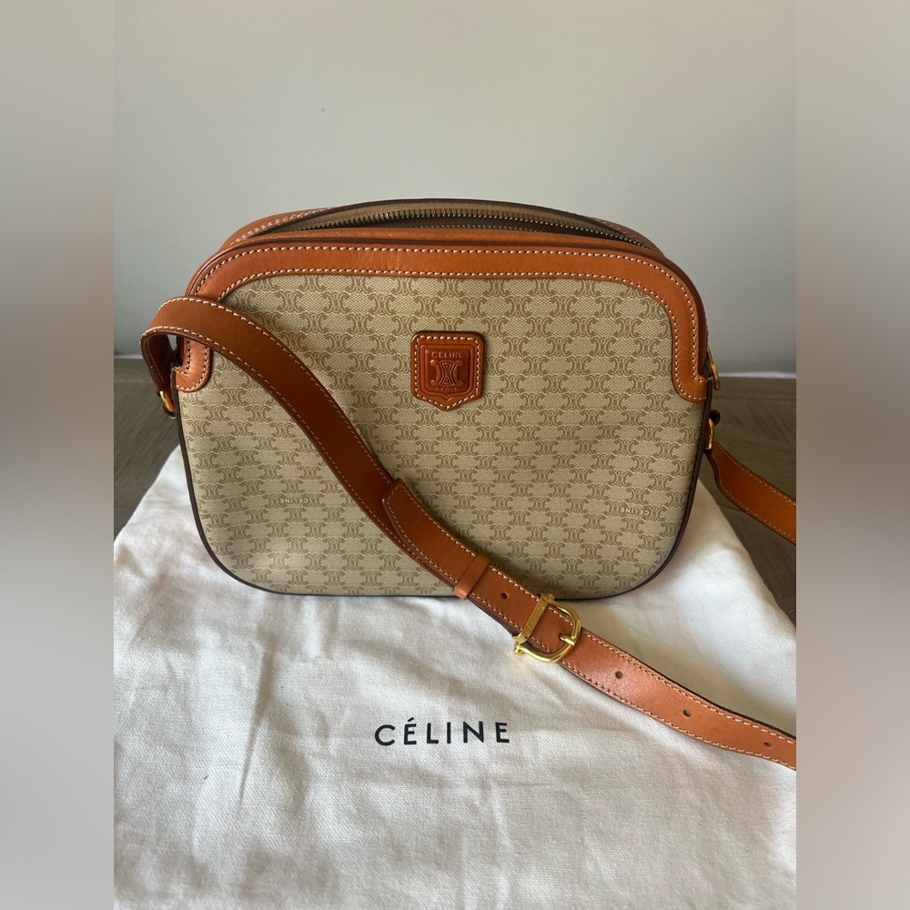Vintage Authentic Celine Macadam Coated Canvas & Leather Shoulder Bag PVC Brown